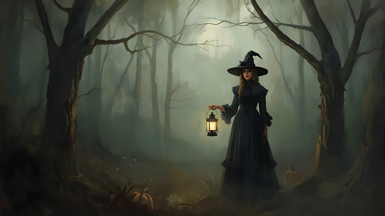 Vintage Witch in Spooky Woods Holding Lantern | Halloween TV Wallpaper