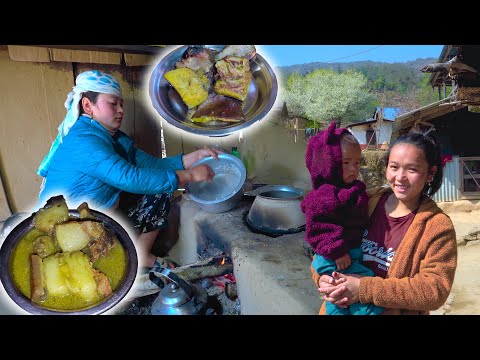 Pork Dry meat Boiled curry with Rice || Pork cooking and eating in village kitchen | Pig meat recipe