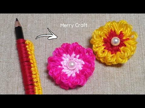 Amazing Woolen Flower Ideas using Pencil - Hand Embroidery Amazing Trick - Sewing Hack - No Crochet
