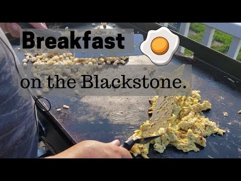 Breakfast with eggs, bacon, hash browns and sausage on the Blackstone griddle