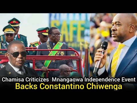 Nelson Chamisa speaking at a podium with an inset of President Mnangagwa