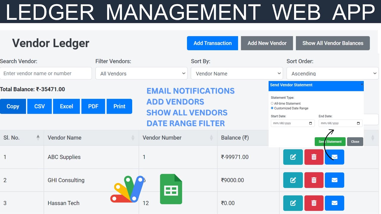 Vendor Ledger Web App with Google Sheets & Apps Script| Ledger Web App Dashboard | B48