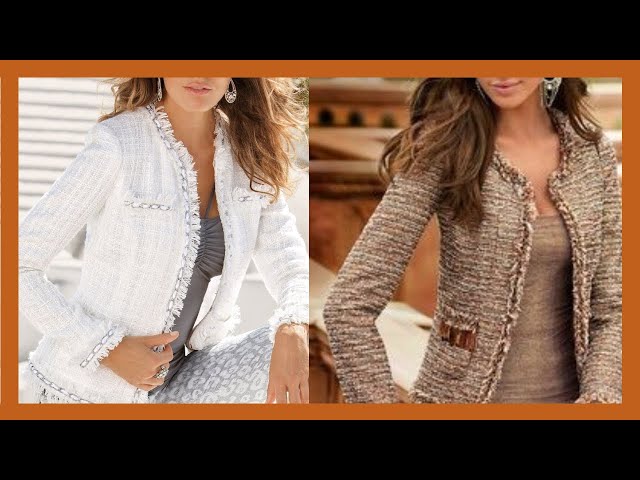 Vídeo relacionado con Chaqueta de Tweed a Cuadros para Mujer Chaqueta sin Cuello con Frente Abierto Chaqueta Corta de Trabajo Elegante Abrigo (Blanco,L)