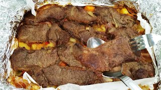 من اجمل واسرع وصفات الغداء ورقه اللحمه المشويه في الفرن مع شوية رز بالشعرية يتاكل حاف