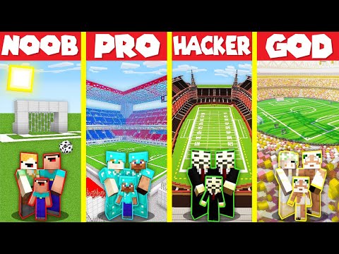 Minecraft Battle: FOOTBALL STADIUM HOUSE BUILD CHALLENGE - NOOB vs PRO vs HACKER vs GOD / Animation