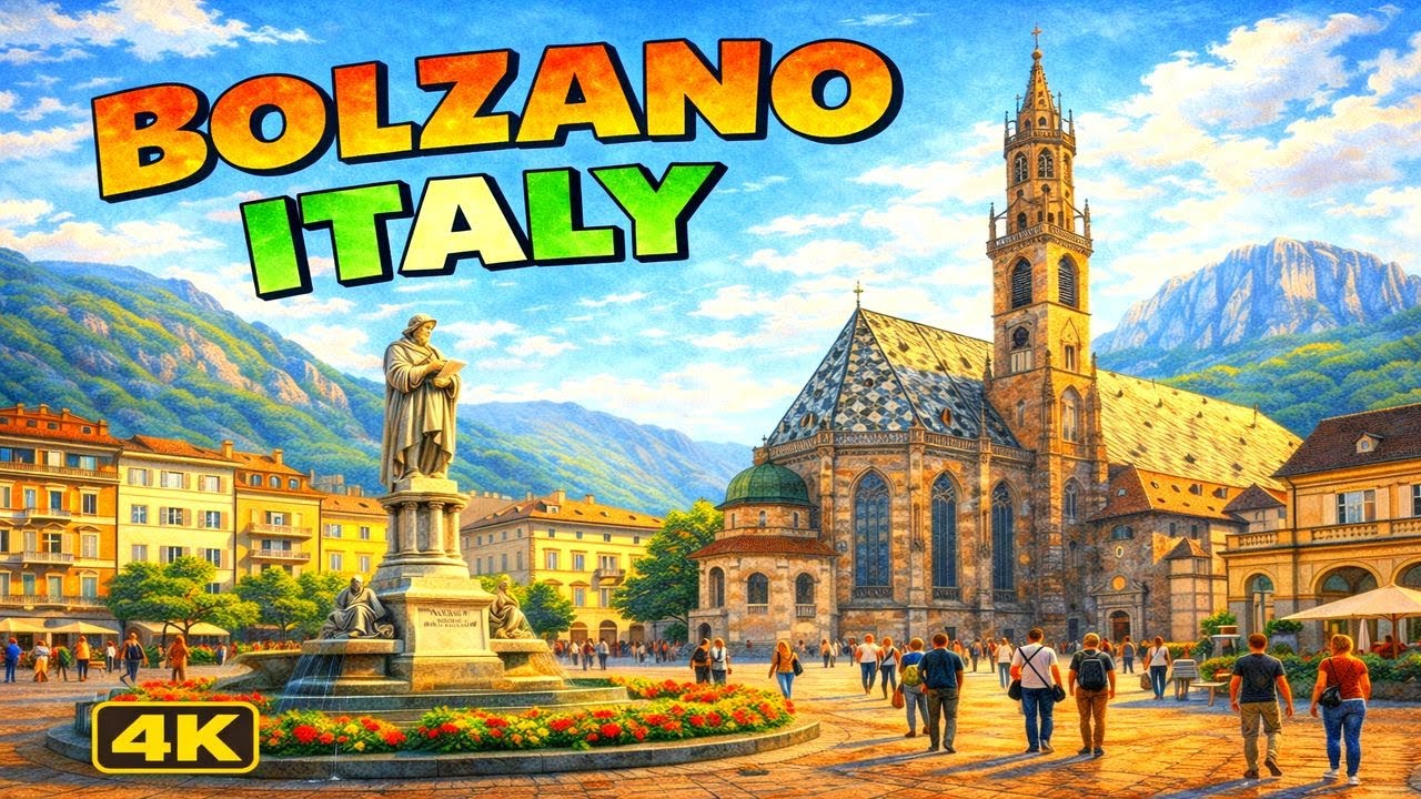 Immersive street-level walking tour through Bolzano Walther Platz, Italy, showcasing authentic urban landscapes, local architecture, and the vibrant atmosphere of the city's neighborhoods