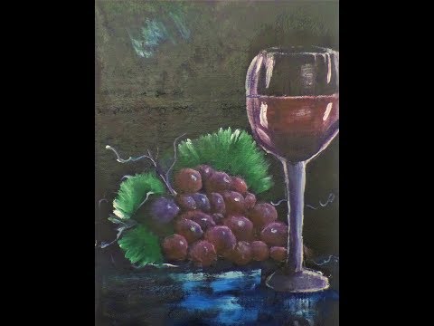 How to paint a GLASS of Red Wine, and  RED Grapes. Step by step Painting Tutorial for Beginners