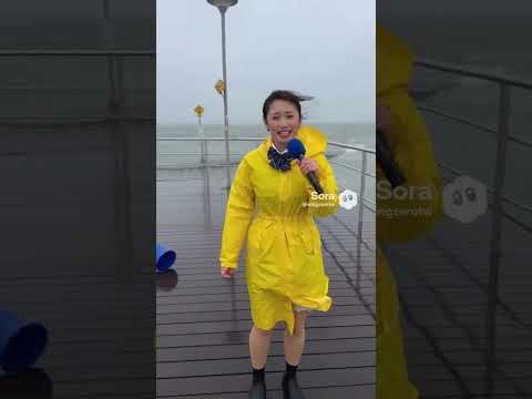ミニスカ女子アナの中継中に台風でバケツが顔面直撃