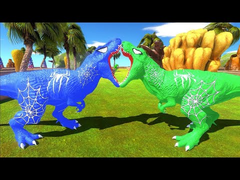 GREEN SPIDERMAN T-REX vs BLUE SPIDERMAN T-REX JUNGLE DEATH RUN - Animal Revolt Battle Simulator