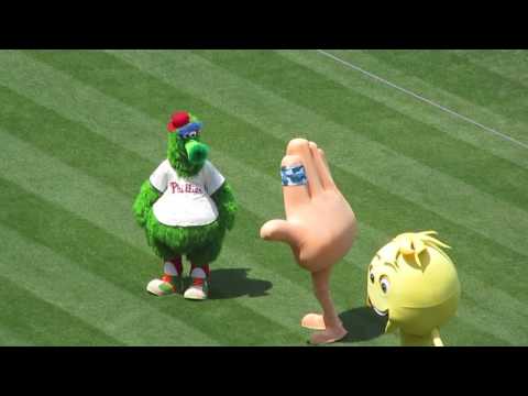 The Phillies Phanatic and a few of his friends perform between innings at CBP 6-22-2017