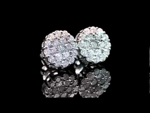 1 CTW Diamond Flower Cluster Stud Earrings in 14k White Gold with Screw Backs