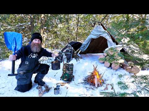-25C Winter Survival Camp - Hunting Grouse, Snaring, & Wild Bear Meat Stew