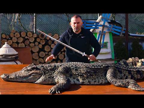 VIANDE DE CROCODILE sur UN GRIL À CHARBON, VIANDE DE CROCODILE GRILLÉE.