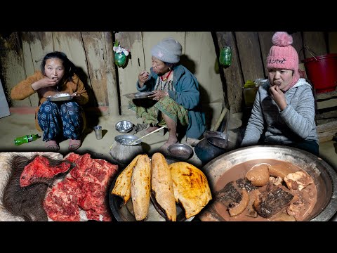 Buff Skin and Bone Dish Curry Recipe || Nepali Village Style Cooking & Eating | Rural cooking videos