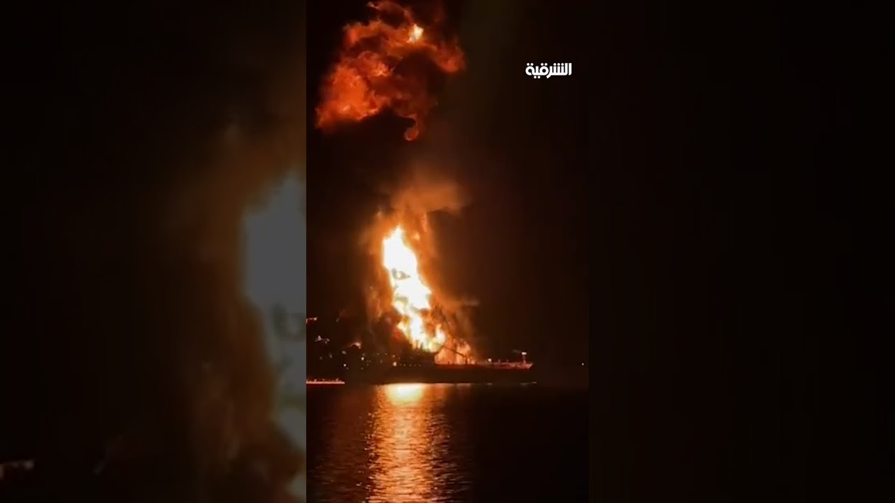 فيديو | استهداف ناقلة نفط أجنبية قرب ميناء البصرة النفطي#الشرقية_نيوز