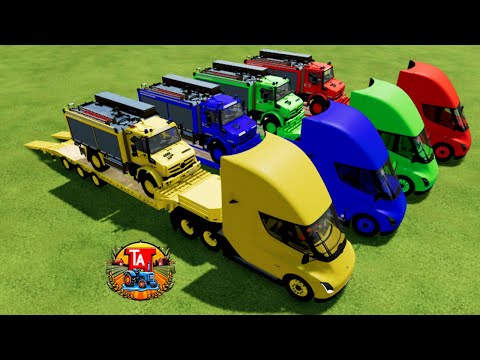 TRANSPORTING COLORS! FIRE DEPERMANT TRANSPORTING WITH COLORED TESLA TRUCKS! MUDDY PARKOUR! | FS22