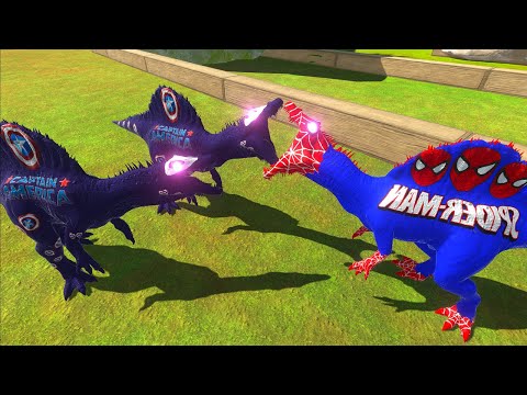 SPIDERMAN SPINOSAURUS VS 2X CAPTAIN AMERICA SPINOSAURUS DEATH RUN - Animal Revolt Battle Simulator