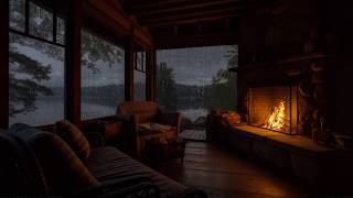 A Cozy Cabin Porch Night with Rain | Surrounded by Lake Forest and Soft Fire Sounds