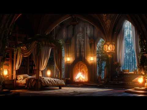 Castle Room Haven with Thunderstorm, Rain & Fireplace Sounds to Sleep Deeply