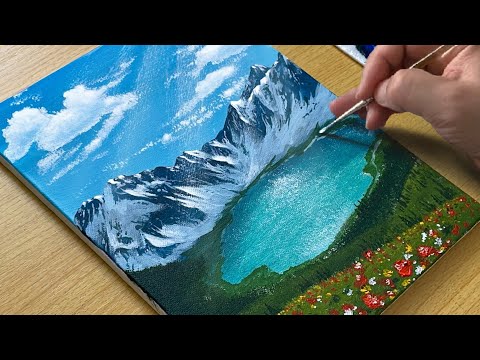 Acrylic Landscape Painting - Snowy Mountains and Lake scene