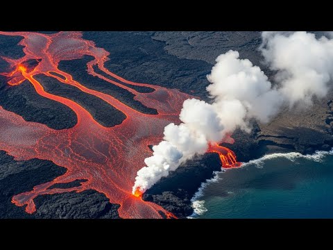 🔥 Unstoppable Lava Flow Crashes Into the Sea, Triggering Boiling Waves and Massive Steam Clouds