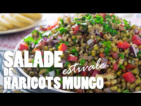 Mung bean salad with nuts, olives and red pepper