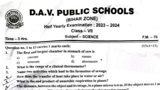 DAV Class 7 Science Half Yearly Question paper 2023-2024, DAV class 7 Science question Paper.