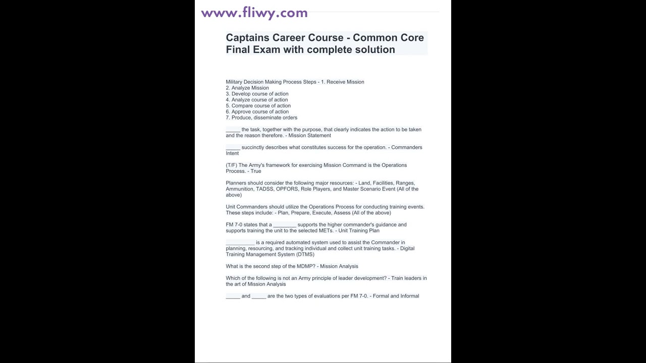 Captains Career Course - Common Core Final Exam with complete solution