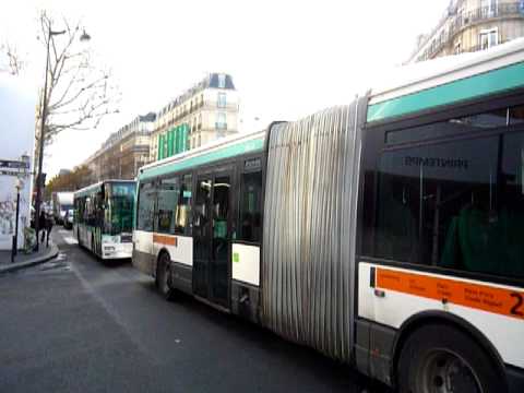 Paris: bd. Haussmann. Irisbus Agora L no. RATP 4496, MAN Lion's City (NL 223) no. RATP 9196 buses