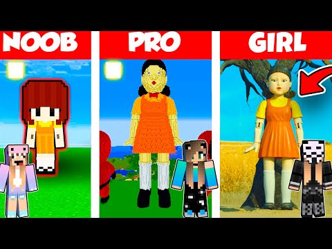 NOOB GIRL - Minecraft Battle: DOLL FROM THE GAME OF SQUID BUILD CHALLENGE - NOOB vs PRO vs GIRL / Animation