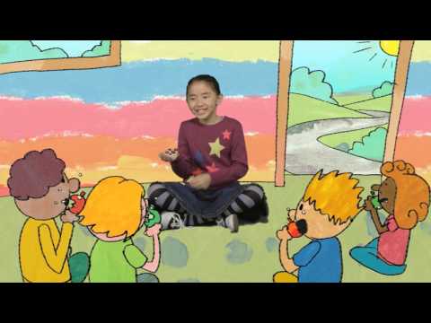 Center girl storyteller: a smiling young girl in a maroon star-pattern sweater sits cross-legged, surrounded by four kids eating apples in a bright, hand-drawn backdrop.