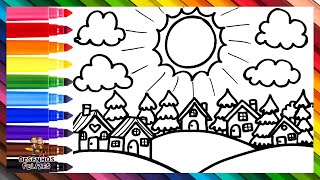 Desenhar E Colorir Uma Paisagem De Vila 🏠🌲🌄🌈 Desenhos Para Crianças