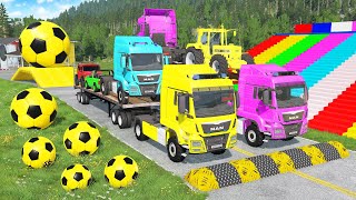 Triple Flatbed Trailer McQueen Transportation with Truck - Speedbumps vs Cars vs Train - BeamNG #41