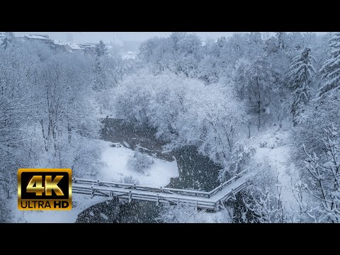 Snow Falling On A Winter Wooden Bridge In Town Canyon Park - ASMR Relaxation Video - 6 hours 4k