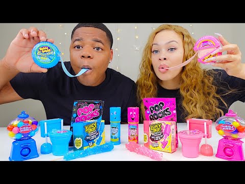 PINK FOOD VS BLUE FOOD CHALLENGE, HUBBA BUBBA RACE, PUSH POP, JUICY DROP GUM CANDY MUKBANG