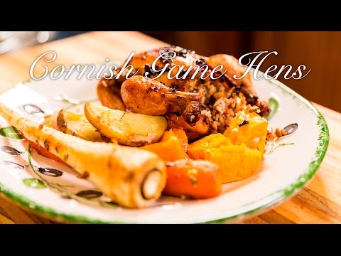 Stuffed Cornish Hens Roasted over Winter Vegetables