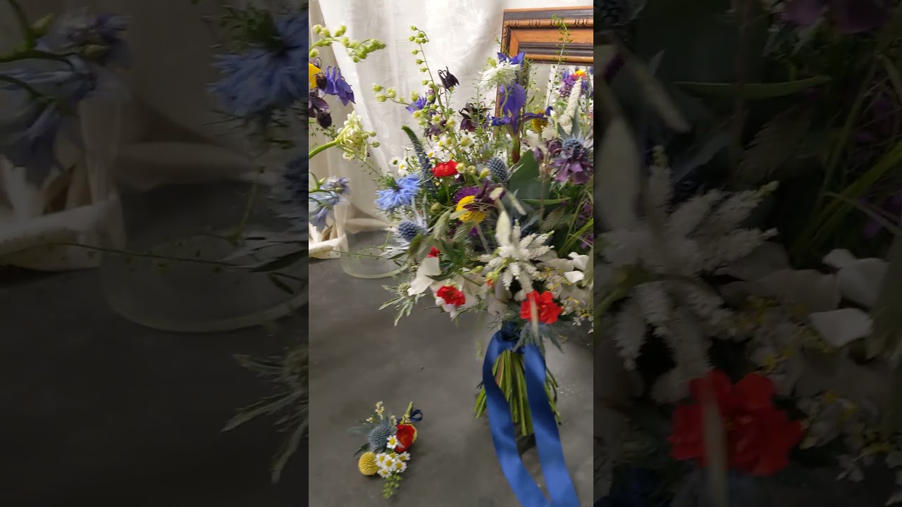 Colourful'micro-wedding', bridal bouquet, buttonhole and gift for Mother of the Bride.