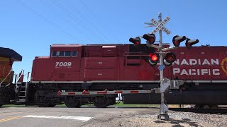 BNSF 6951 Grain Train With New CP SD70ACU & UP South, Plainview Rd. Railroad Crossing, Riverbank CA