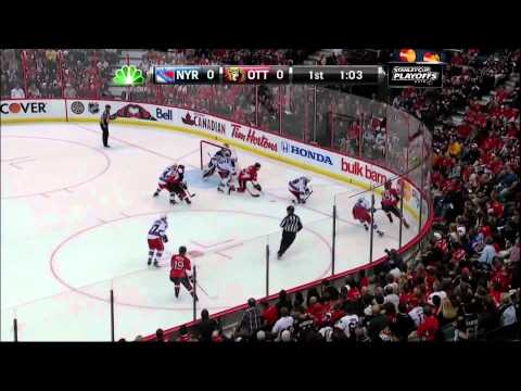 Erik Karlsson 2 on 1 great play. NY Rangers vs Ottawa Senators. 4/16/12 NHL Hockey