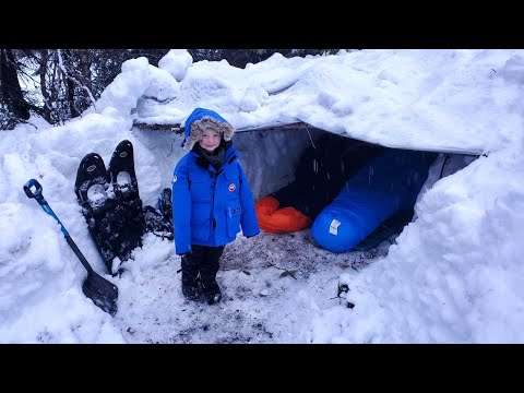 Survival Shelter Winter Camping in Blizzard - Deep Snow Camping in Alaska