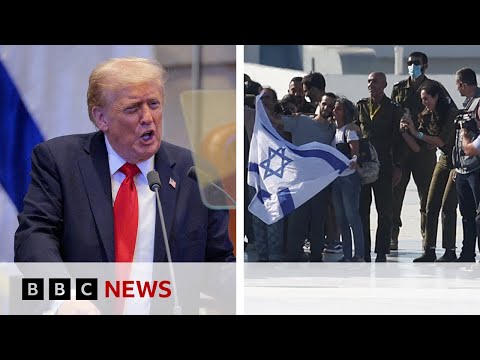 Video | Hostages reunited with families as Trump greeted with cheers in Israeli parliament | BBC News