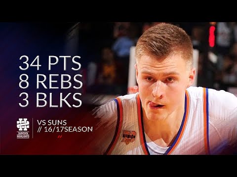Kristaps Porzingis 34 pts 8 rebs 3 blks vs Suns 16/17 season