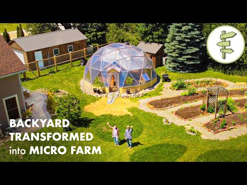 Couple Growing Food *Year Round* in a Backyard Permaculture Micro Farm with Geodesic Dome Greenhouse
