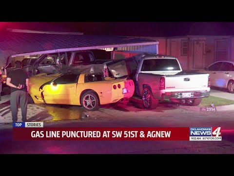 Car slams into building, parked vehicle and gas line in Oklahoma City overnight