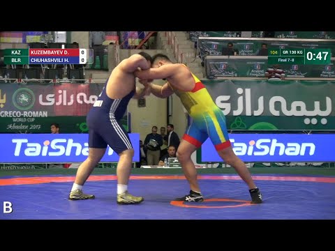 Final 7-8 GR - 130 kg: D. KUZEMBAYEV (KAZ) df. H. CHUHASHVILI (BLR) by FALL, 6-0
