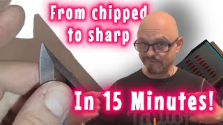 Sharpen a chipped blade using the cheapest diamond block sharpener. Hand sharpen in 15 minutes!