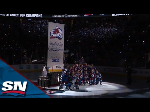 Avalanche Bring Out The Stanley Cup And Raise Their Championship Banner In Front Of The Home Fans