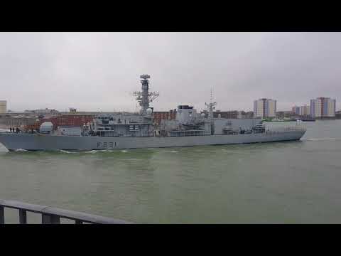 Hms Arygll type23 frigate leaving Portsmouth harbour in rough seas