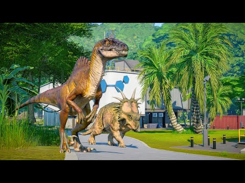 Spinoraptor & Indominus Rex Hunting In Abandoned Camp - Jurassic World Evolution