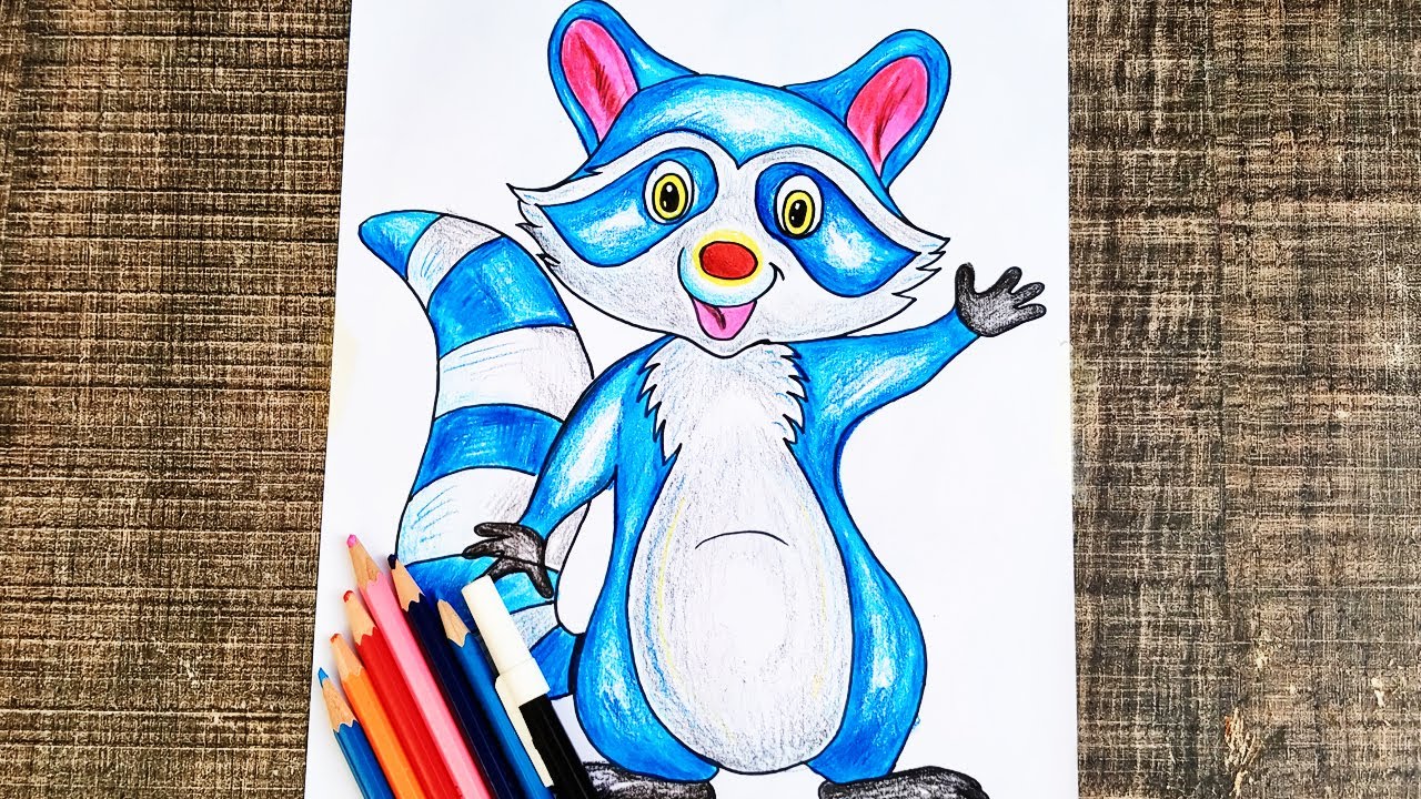 funny Raccoon Cartoon  Waving Hand  drawing - Coloured Pencil